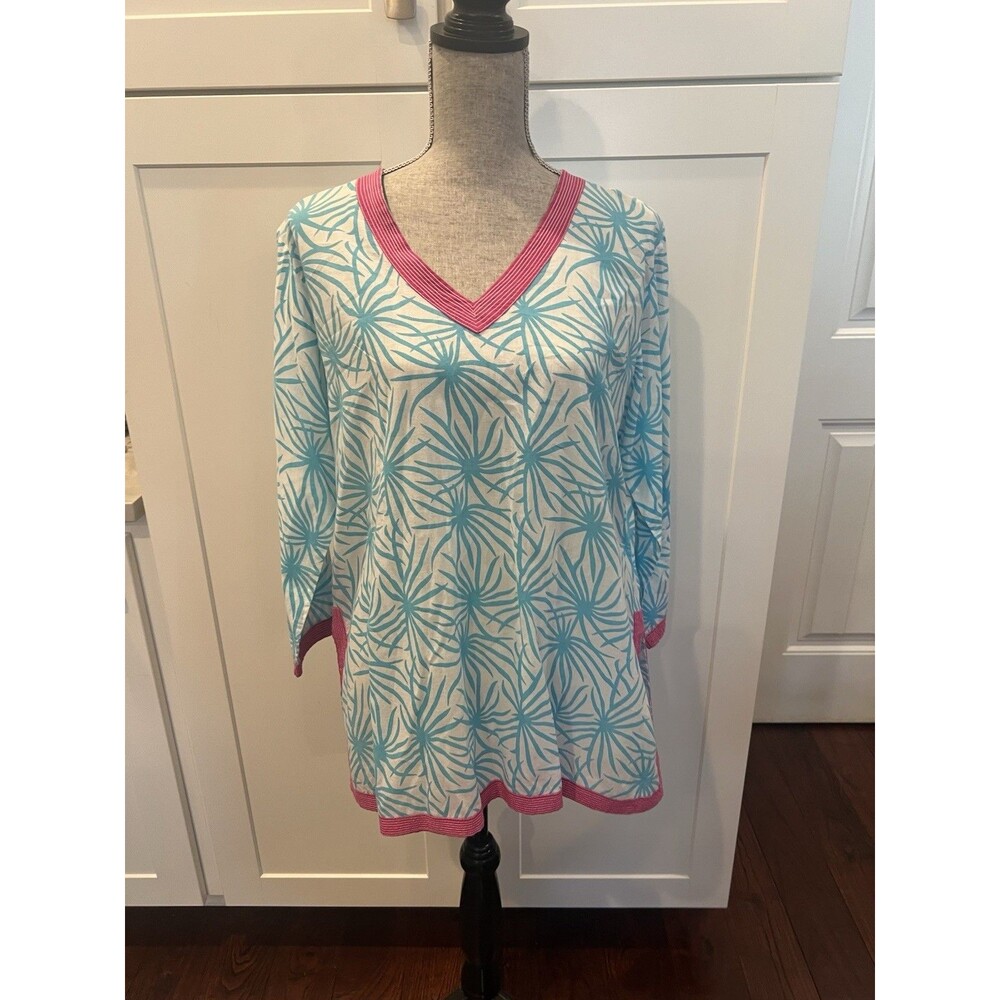 Gretchen Scott Designs XL Aqua Pink Palm Print Cotton Tunic Top V-Neck 3/4 Sleev